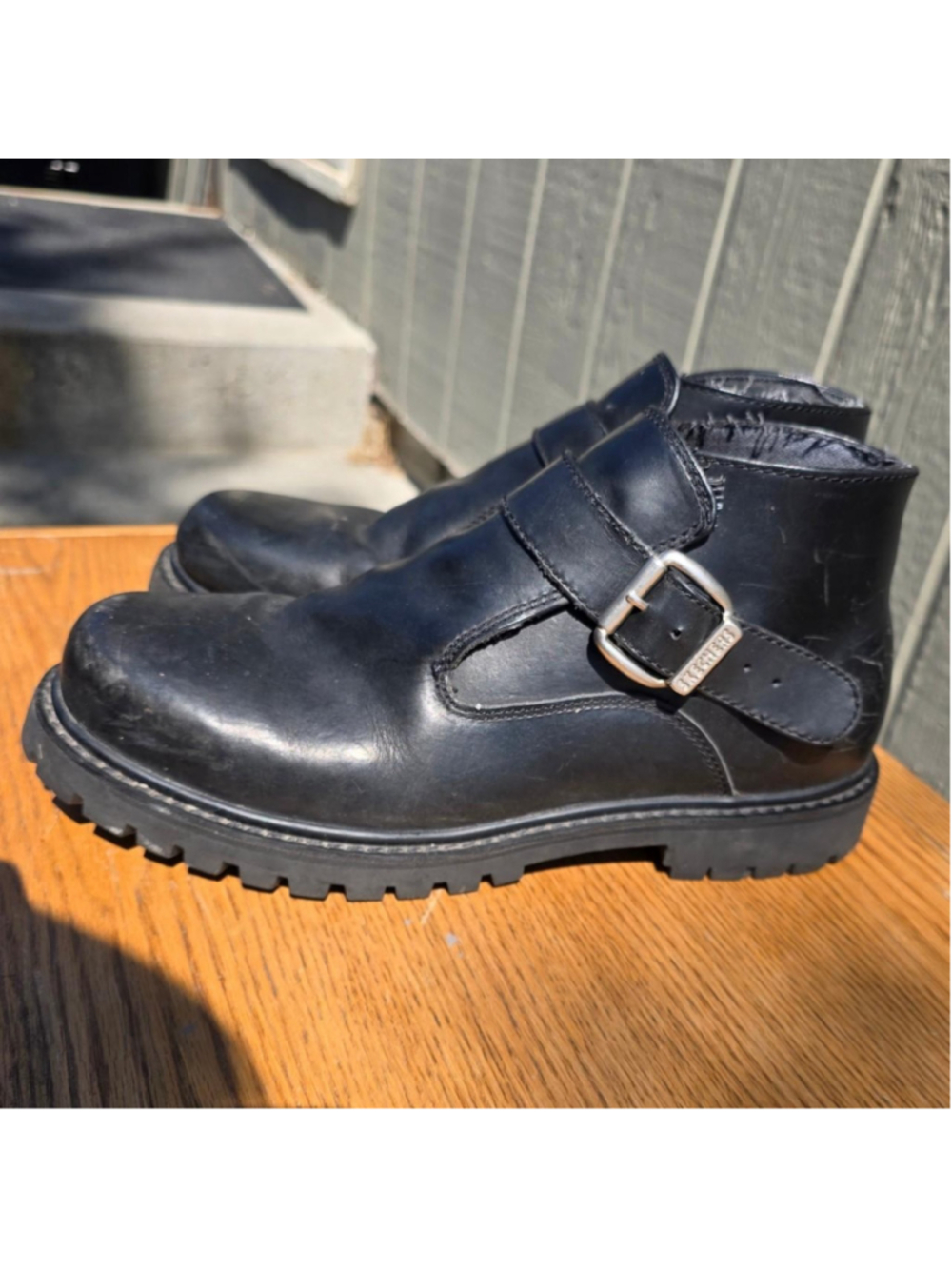 Y2K Skechers SN 6909 black leather monk strap lug-sole boots #buckle #ankle
has